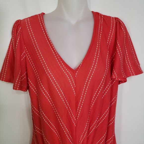 W5 Women’s Top Small Dot Striped Flutter Twist Front Short Sleeve Red V Neck - Picture 3 of 9